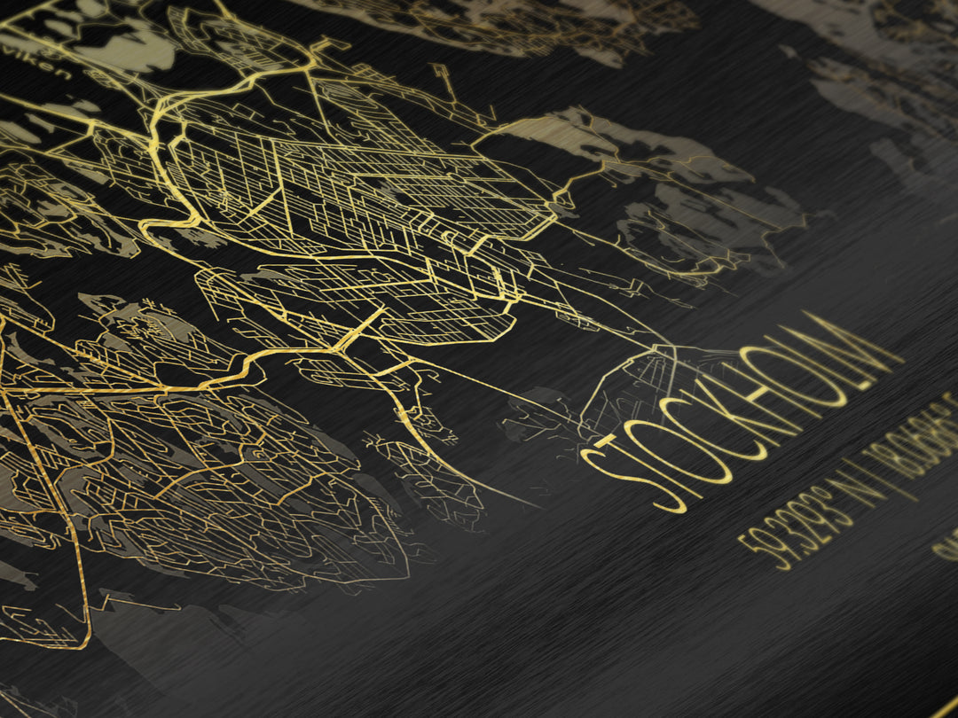 Stockholm Sweden City Poster, Panoramic street map, black and gold, Metallic Gold Art, Metal Art, wood framed map, Office Décor
