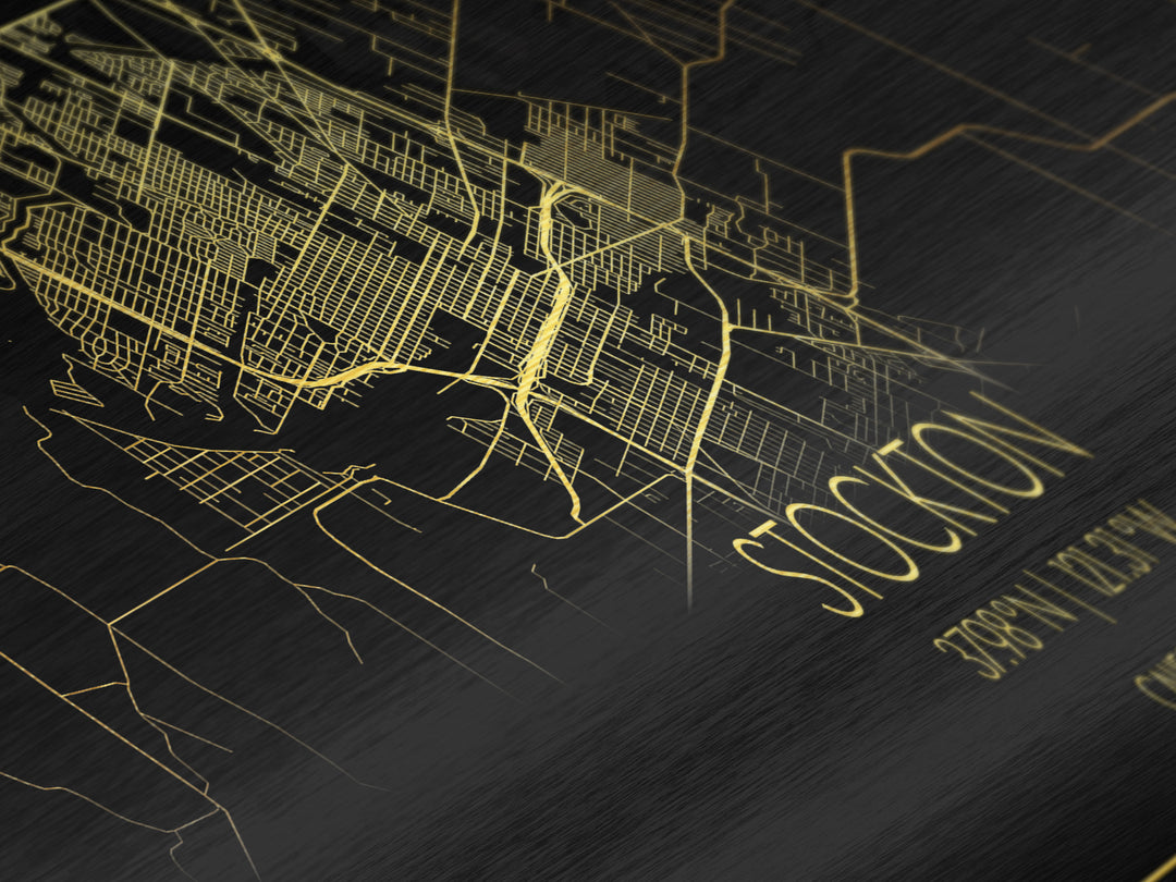 Stockton California City Poster, Panoramic street map, black and gold, Metallic Gold Art, Metal Art, wood framed map, Wall Art, Closing Gift