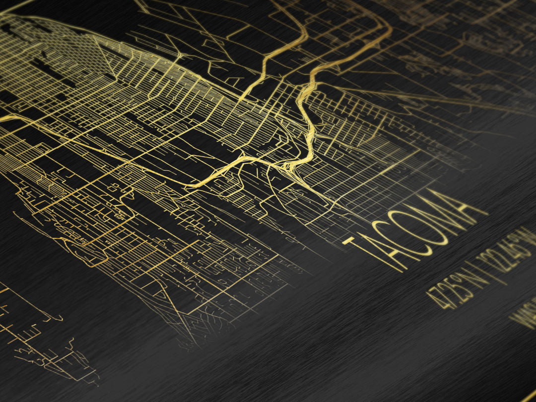 Tacoma Washington City street map, Panoramic art, black and gold, Metallic Gold Print, Metal Art, real wood frames, Map Print Poster