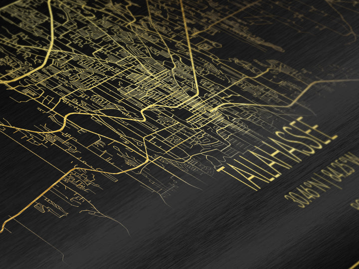 Tallahassee Florida City Poster, Panoramic street map, black and gold, Metallic Gold Art, Metal Art, wood framed map, Housewarming Gift