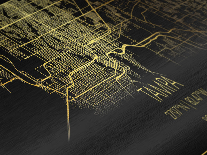 Tampa Florida map, Panoramic art, black and gold, Metallic Gold Print, Metal Art, real wood frames, Best Friend Gifts, Street Map Art