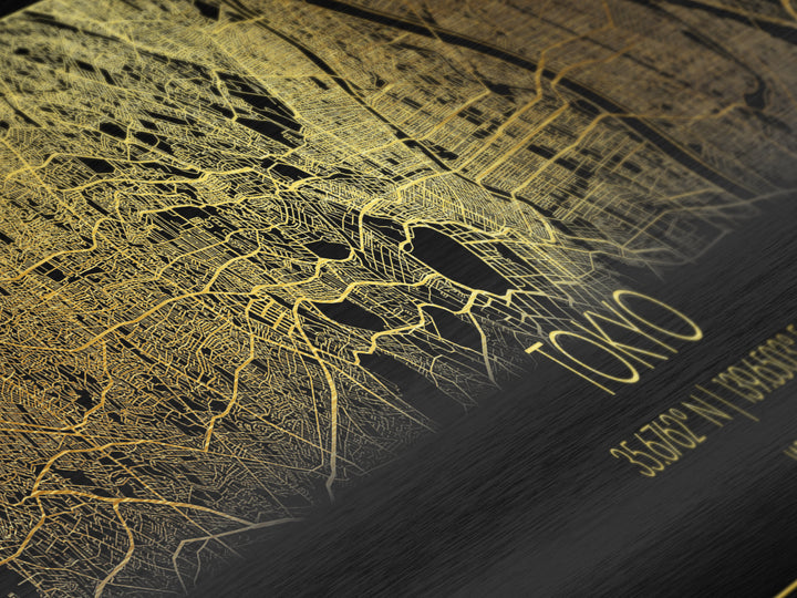 Tokyo Japan City street map, Panoramic art, black and gold, Metallic Gold Print, Metal Art, real wood frames, College Dorm Décor