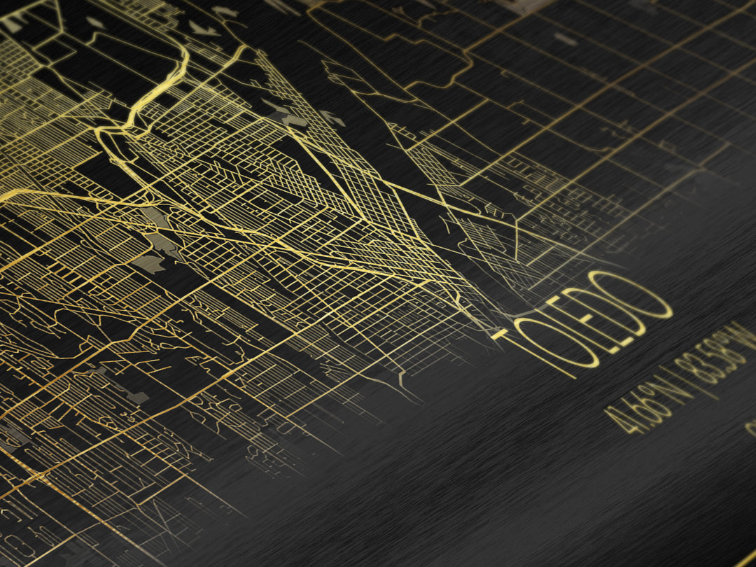 Toledo Ohio City Poster, Panoramic street map, black and gold, Metallic Gold Art, Metal Art, wood framed map, Modern Wall Art