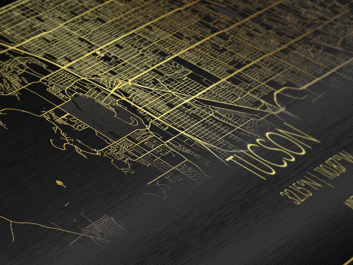 Tucson Arizona City street map, Panoramic art, black and gold, Metallic Gold Print, Metal Art, real wood frames, Housewarming Gift