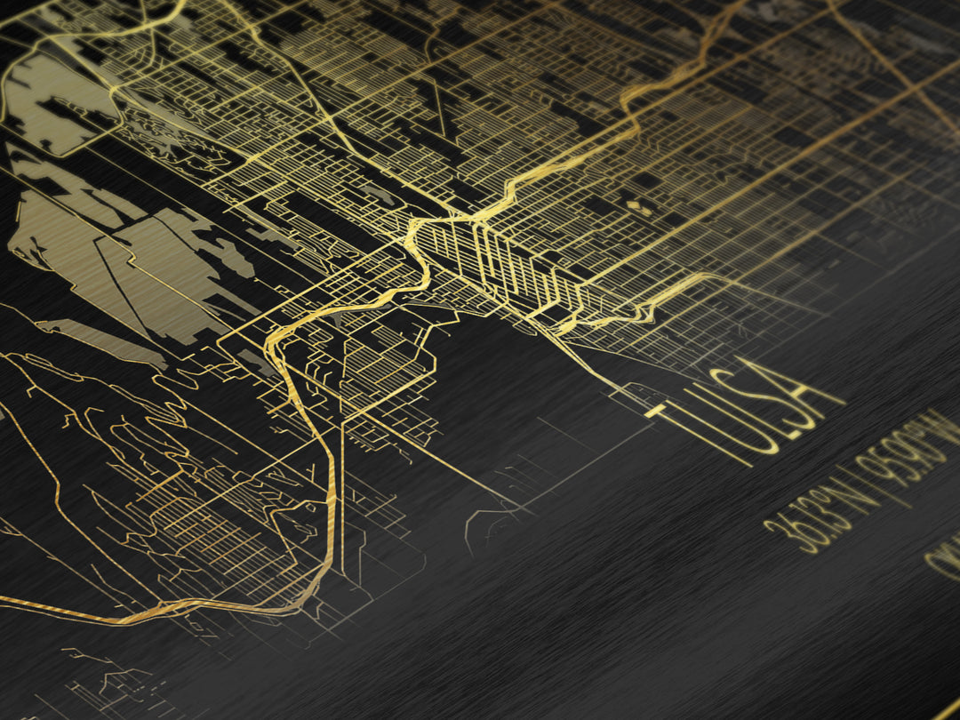 Tulsa Oklahoma City Poster, Panoramic street map, black and gold, Metallic Gold Art, Metal Art, wood framed map, Map Print Poster