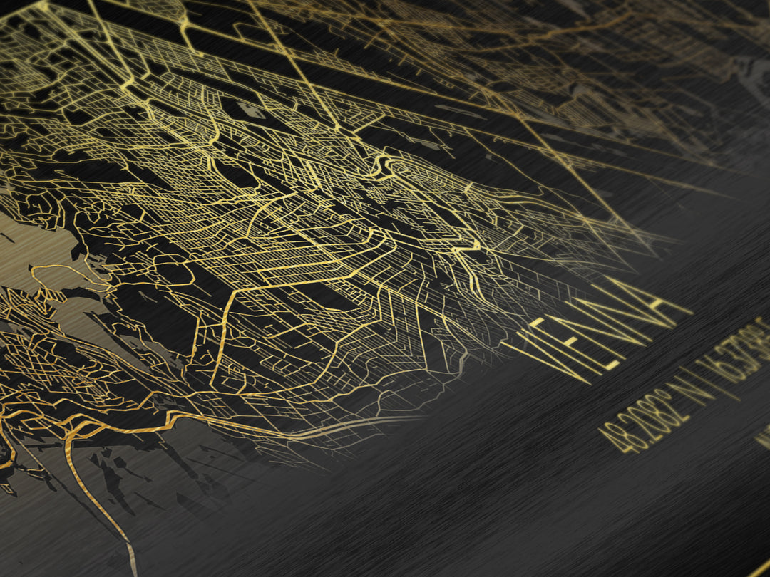 Vienna Austria City street map, Panoramic art, black and gold, Metallic Gold Print, Metal Art, real wood frames, Street Map Art, Wall Art