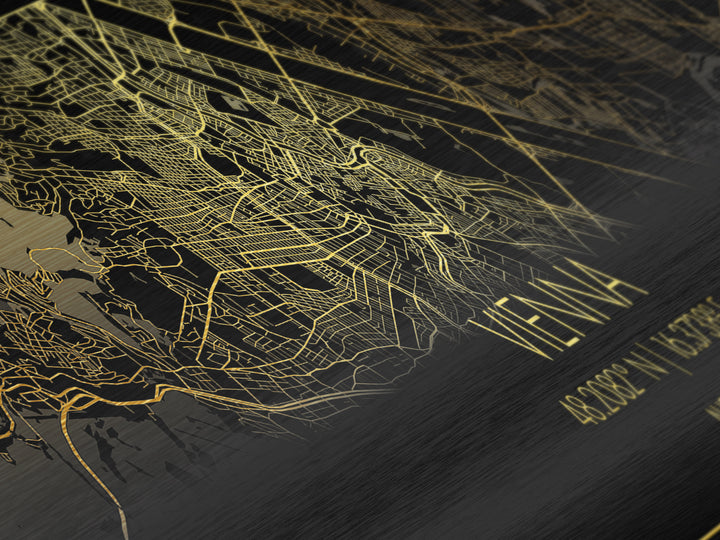 Vienna Austria City street map, Panoramic art, black and gold, Metallic Gold Print, Metal Art, real wood frames, Street Map Art, Wall Art