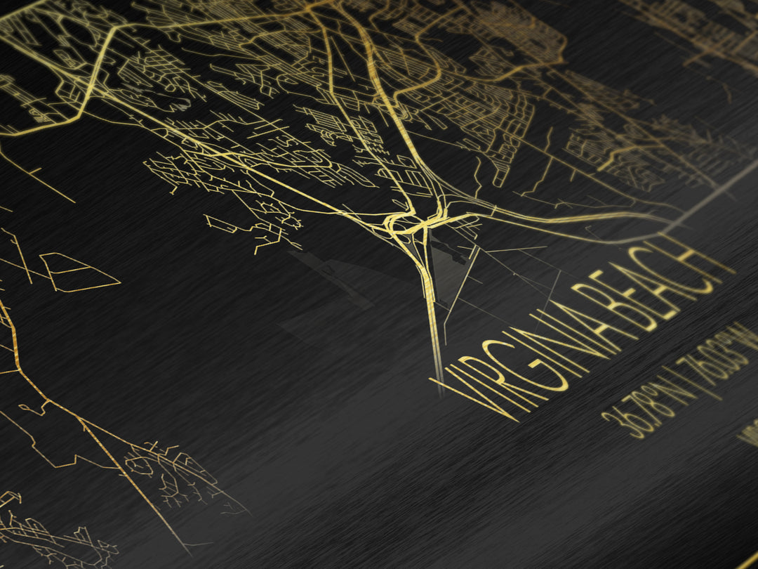 Virginia Beach Virginia City Poster, Panoramic street map, black and gold, Metallic Gold Art, Metal Art, wood framed map, Best Friend Gifts