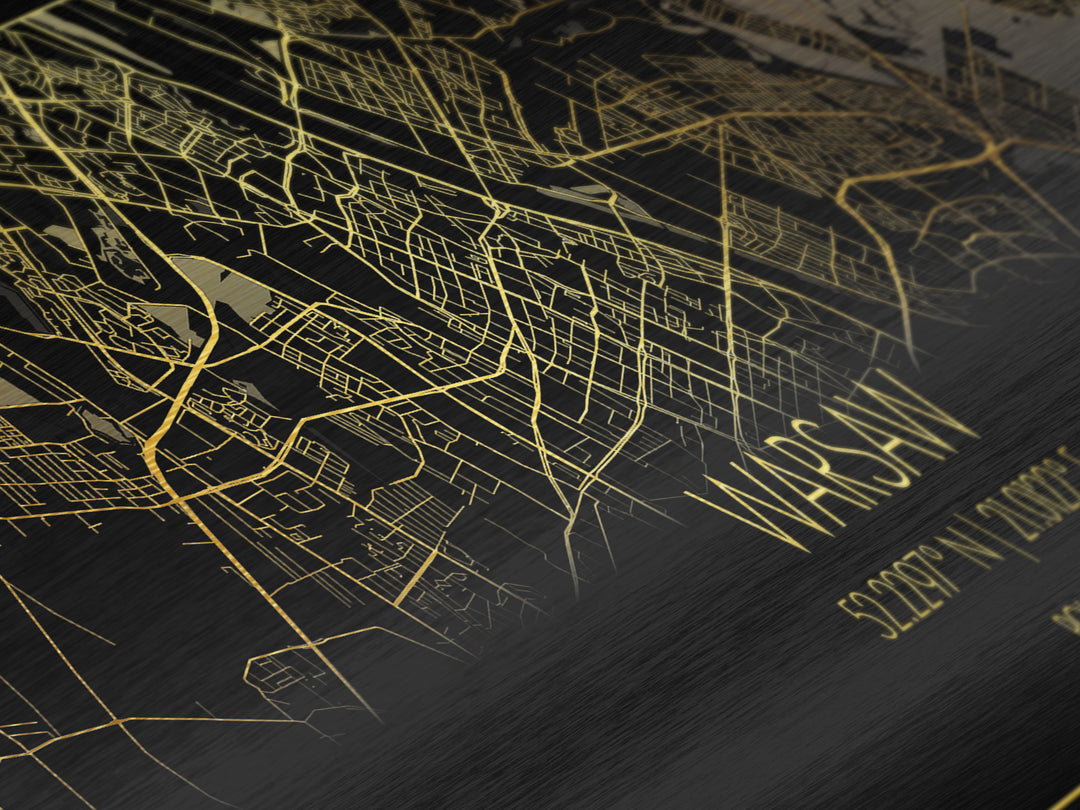 Warsaw Poland City street map, Panoramic art, black and gold, Metallic Gold Print, Metal Art, real wood frames, College Dorm Décor