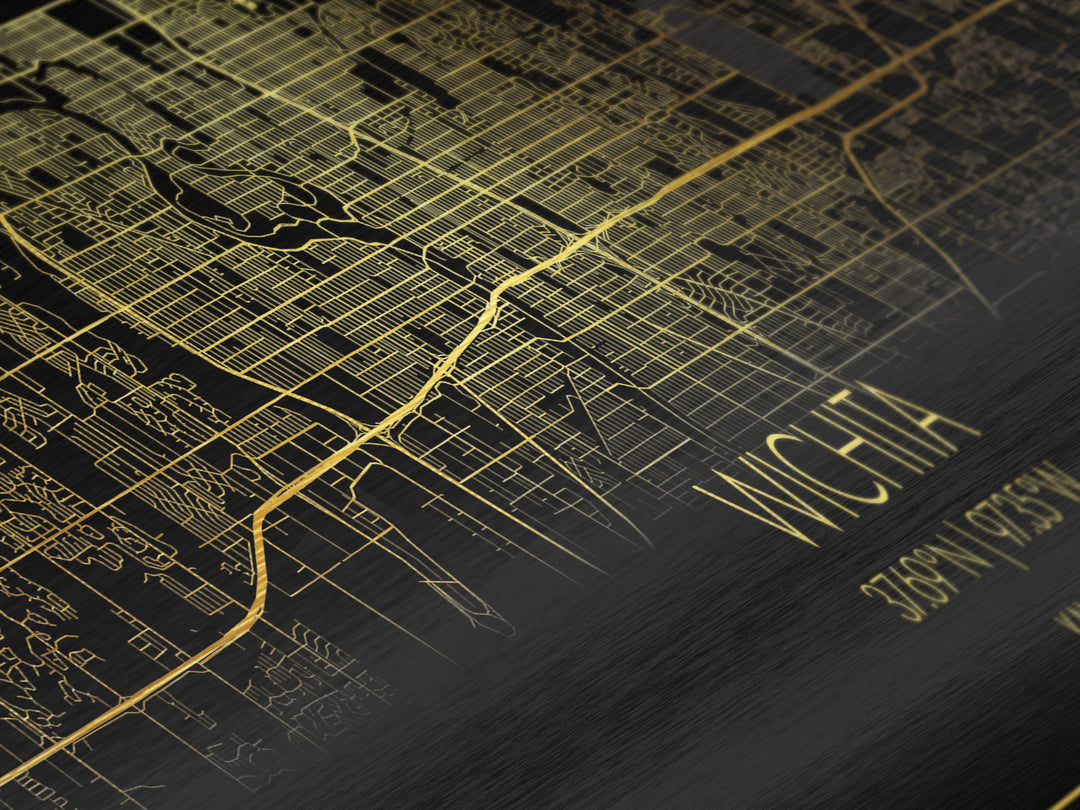 Wichita Kansas City street map, Panoramic art, black and gold, Metallic Gold Print, Metal Art, real wood frames, Housewarming Gift