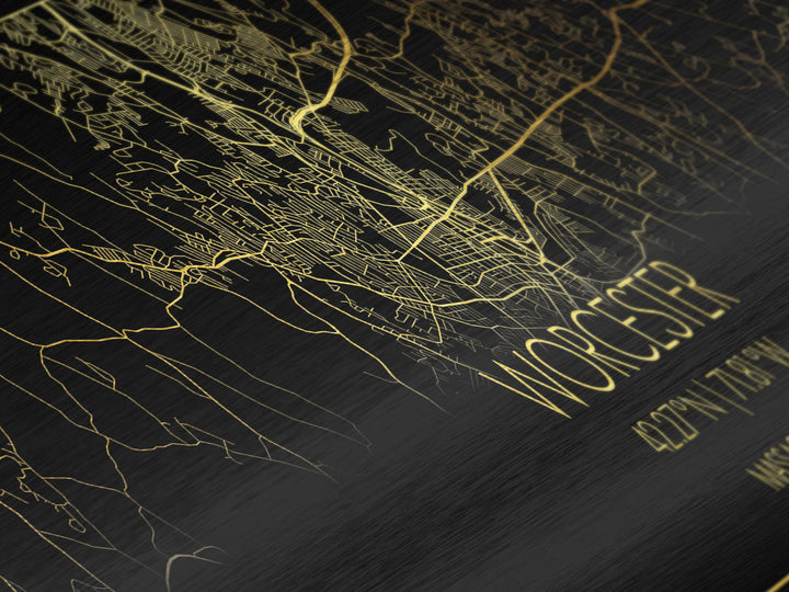 Worcester Massachusetts City Poster, Panoramic street map, black and gold, Metallic Gold Art, Metal Art, wood framed map, Office Décor