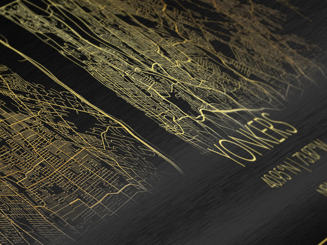 Yonkers New York City street map, Panoramic art, black and gold, Metallic Gold Print, Metal Art, real wood frames, Modern House Art