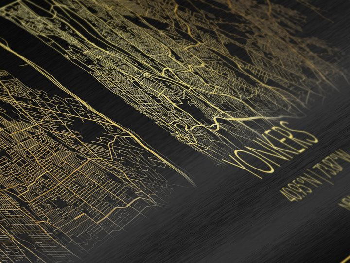 Yonkers New York City street map, Panoramic art, black and gold, Metallic Gold Print, Metal Art, real wood frames, Modern House Art
