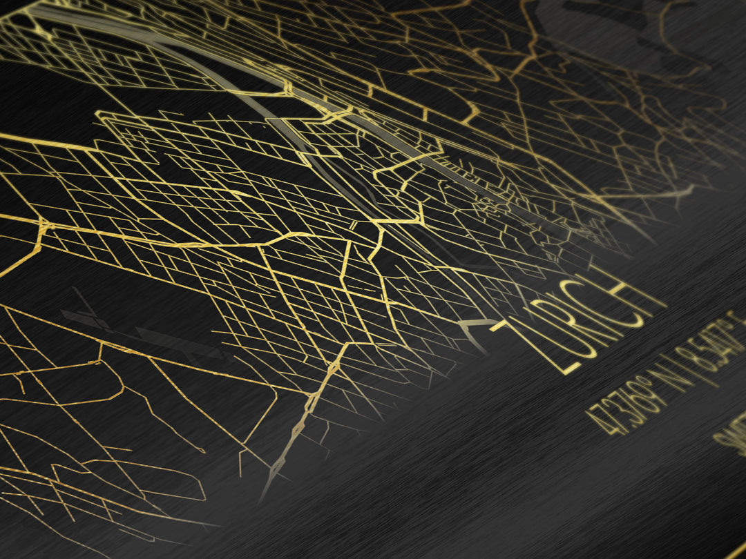 Zurich Switzerland City Poster, Panoramic street map, black and gold, Metallic Gold Art, Metal Art, wood framed map, Best Friend Gifts
