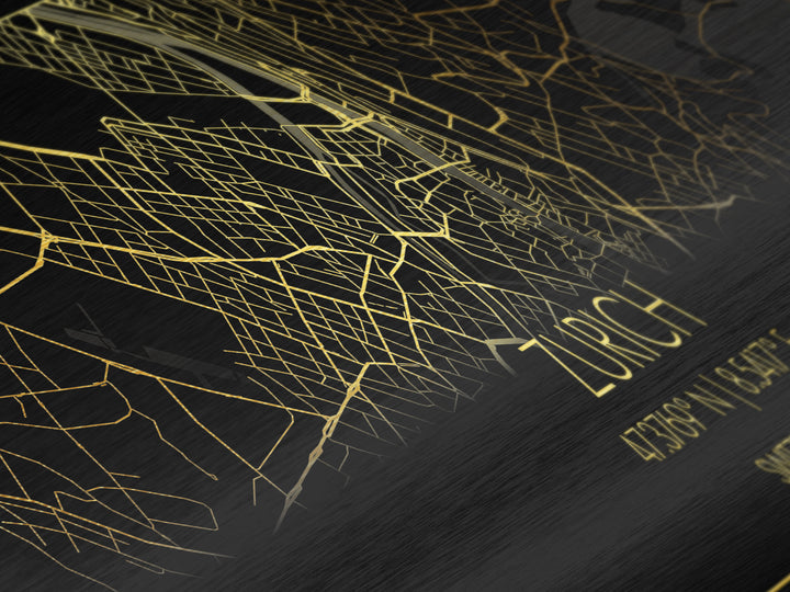 Zurich Switzerland City Poster, Panoramic street map, black and gold, Metallic Gold Art, Metal Art, wood framed map, Best Friend Gifts