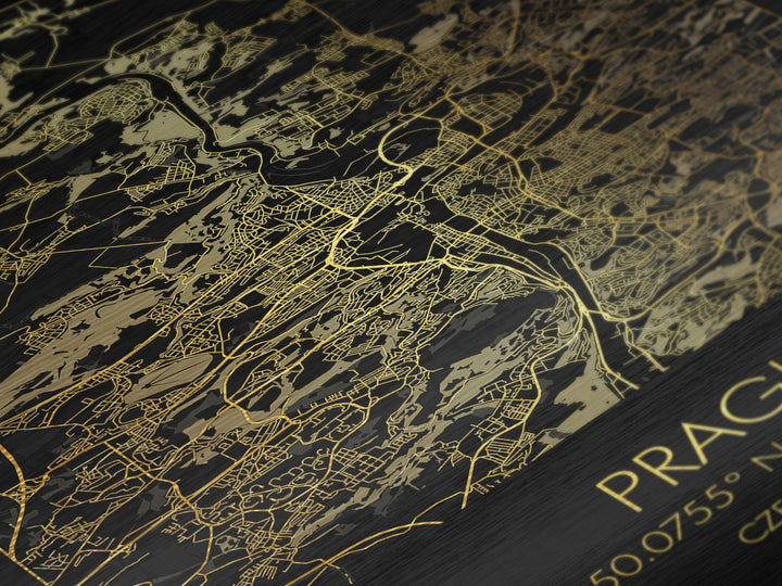 Prague Czech Republic City street map, Metallic Gold Print, Metal Art, wood framed map, black and gold, Street Map Wall Art, Modern Wall Art