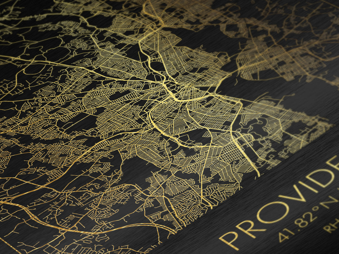 Providence Rhode Island City Poster, Metallic Gold Art, Metal Art, real wood frames, black and gold, Gold Street Map Art, Housewarming Gift