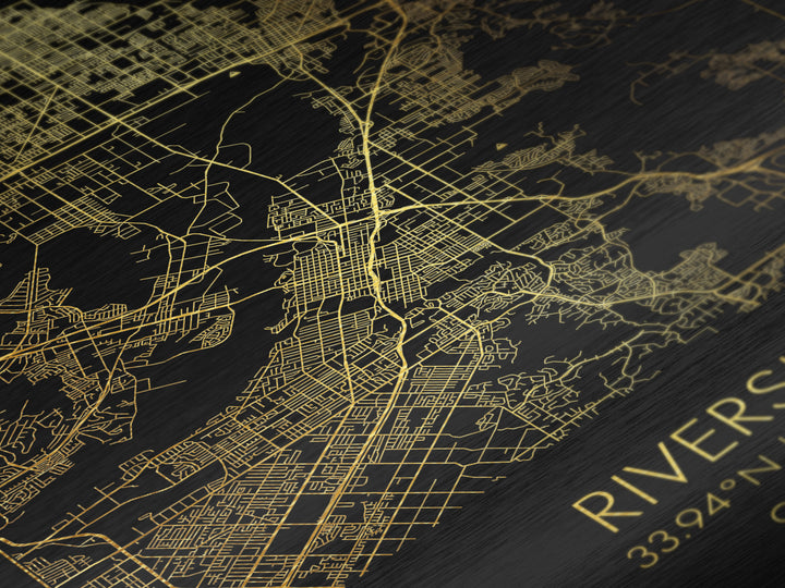 Riverside California City Poster, Metallic Gold Art, Metal Art, real wood frames, black and gold, Modern House Art, Office Decor