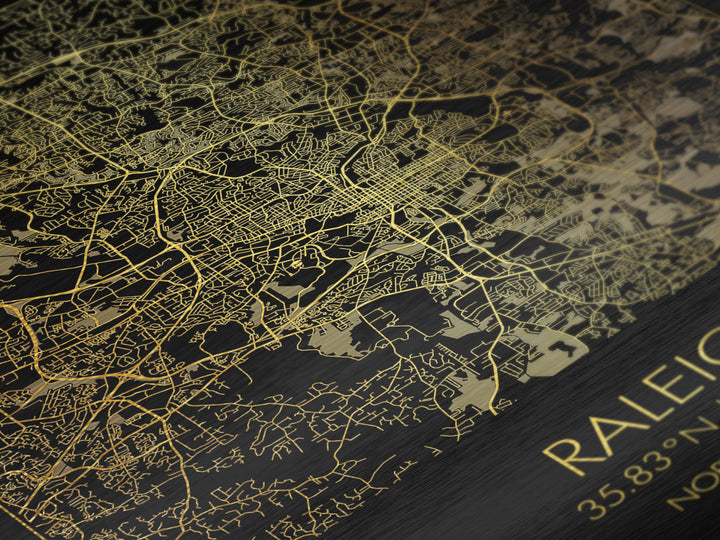 Raleigh North Carolina City street map, Metallic Gold Print, Metal Art, wood framed map, black and gold, Map Art, Office Decor