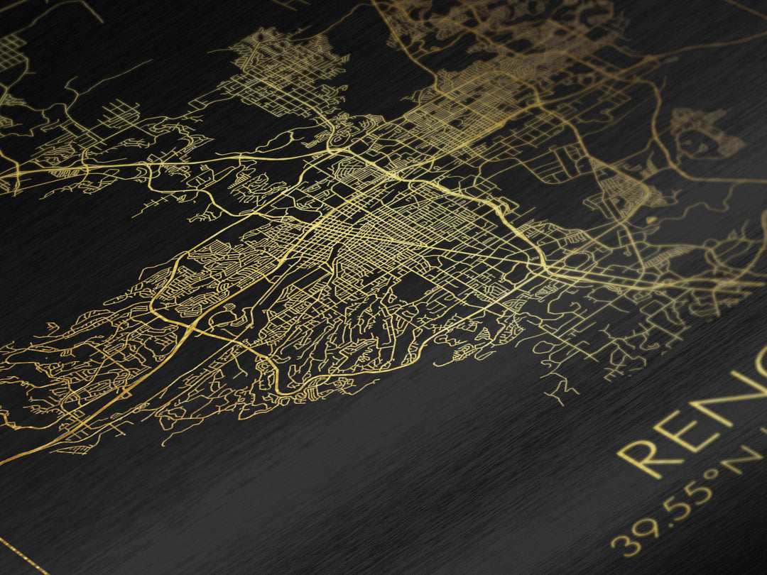 Reno Nevada City street map, Metallic Gold Print, Metal Art, wood framed map, black and gold, Street Map Wall Art, Closing Gift