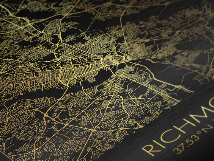 Richmond Virginia City Poster, Metallic Gold Art, Metal Art, real wood frames, black and gold, Map Art, Best Friend Gifts