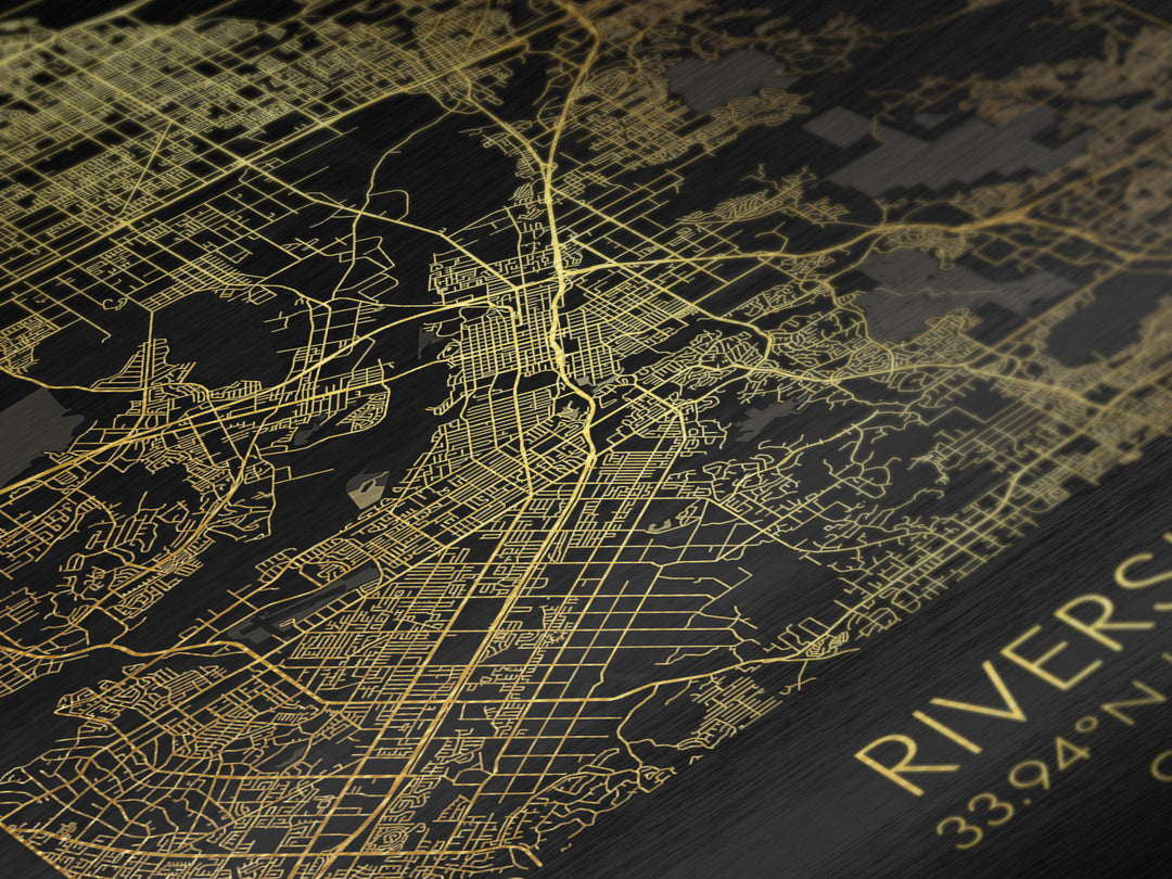 Riverside California City street map, Metallic Gold Print, Metal Art, wood framed map, black and gold, Street Map Art, College Dorm Décor