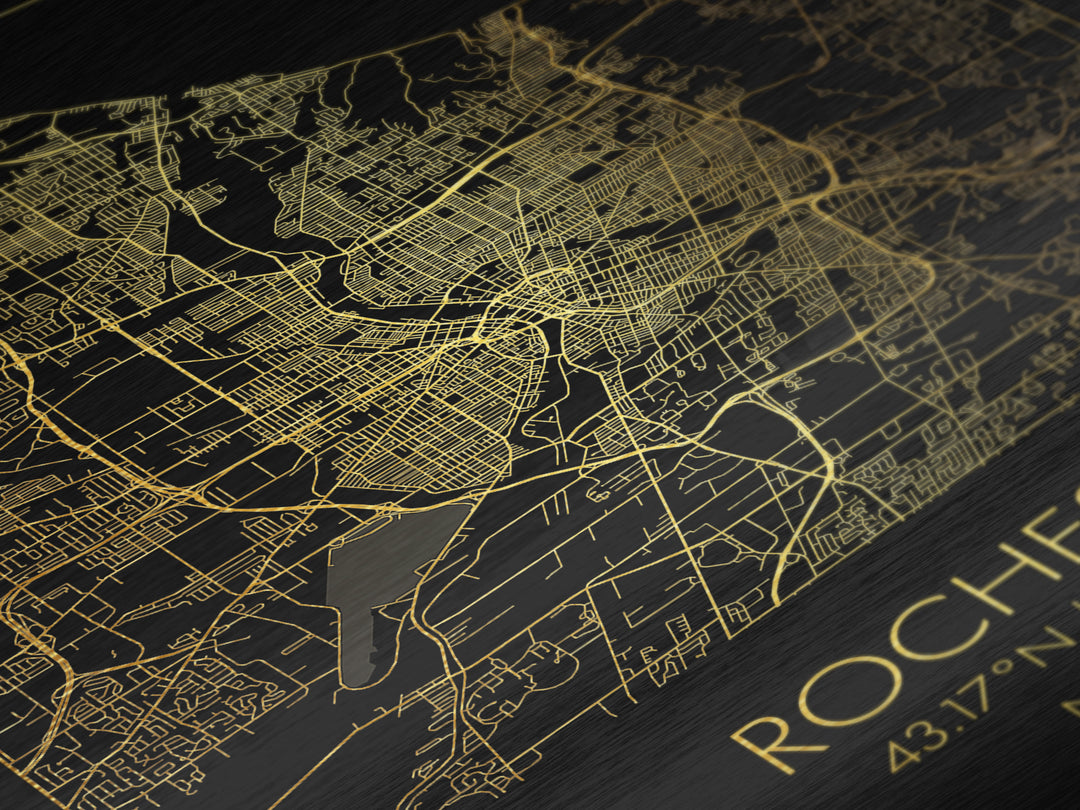 Rochester New York City street map, Metallic Gold Print, Metal Art, wood framed map, black and gold, Map Art, Closing Gift