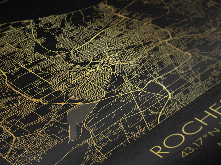 Rochester New York City street map, Metallic Gold Print, Metal Art, wood framed map, black and gold, Map Art, Closing Gift