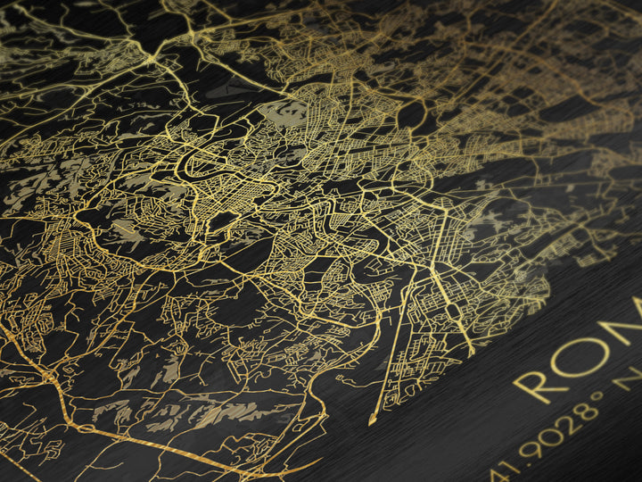 Rome Italy City Poster, Metallic Gold Art, Metal Art, real wood frames, black and gold, Street Map Wall Art, Housewarming Gift