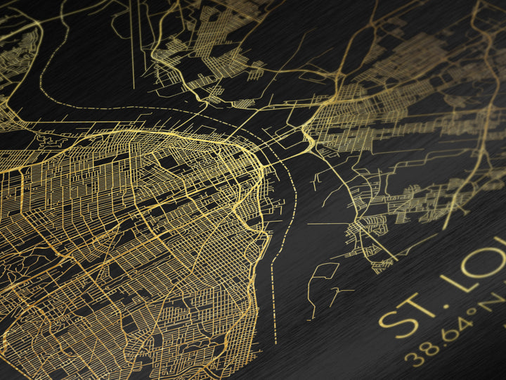 St. Louis Missouri City Poster, Metallic Gold Art, Metal Art, real wood frames, black and gold, Street Map Art, Modern House Art