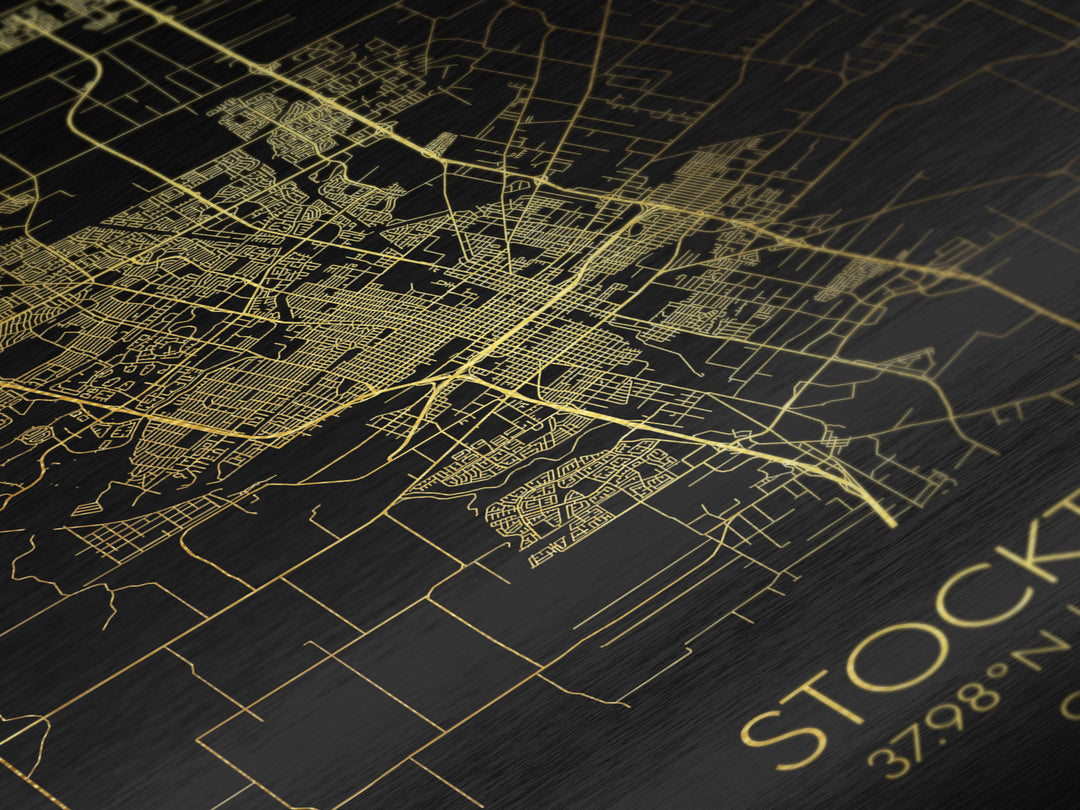 Stockton California City street map, Metallic Gold Print, Metal Art, wood framed map, black and gold, Street Map Art, Office Decor