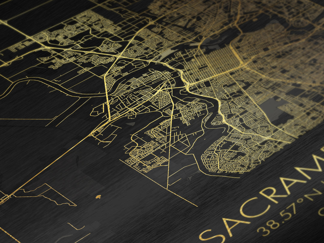 Sacramento California City street map, Metallic Gold Print, Metal Art, wood framed map, black and gold, Gold Street Map Art, Modern Wall Art