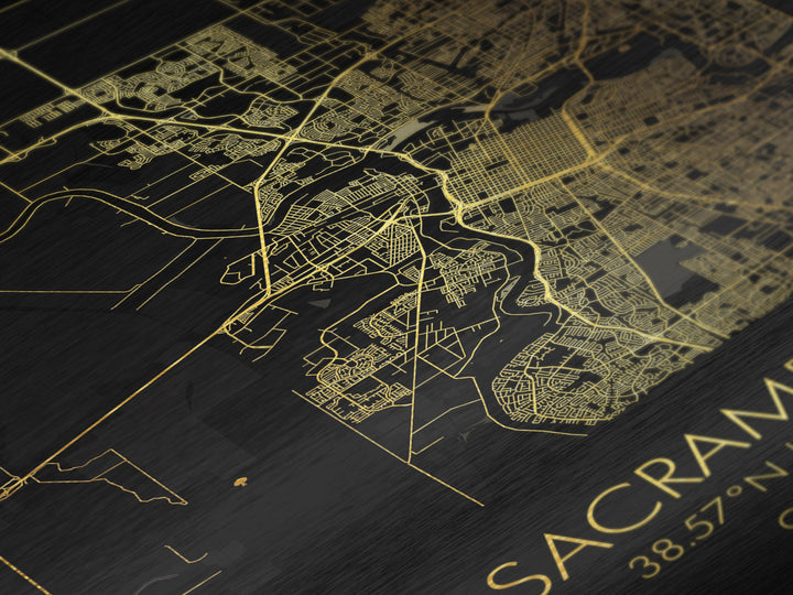 Sacramento California City street map, Metallic Gold Print, Metal Art, wood framed map, black and gold, Gold Street Map Art, Modern Wall Art