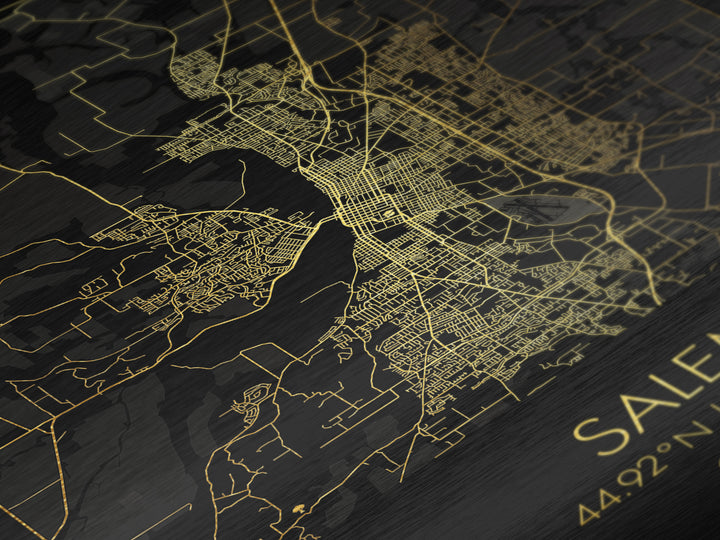 Salem Oregon City street map, Metallic Gold Print, Metal Art, wood framed map, black and gold, Street Map Art, Office Decor