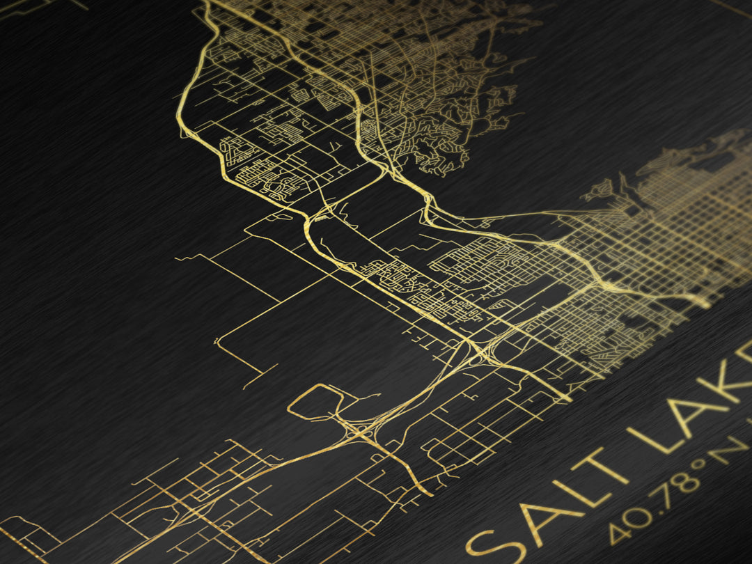 Salt Lake City Utah City Poster, Metallic Gold Art, Metal Art, real wood frames, black and gold, Map Art, Best Friend Gifts