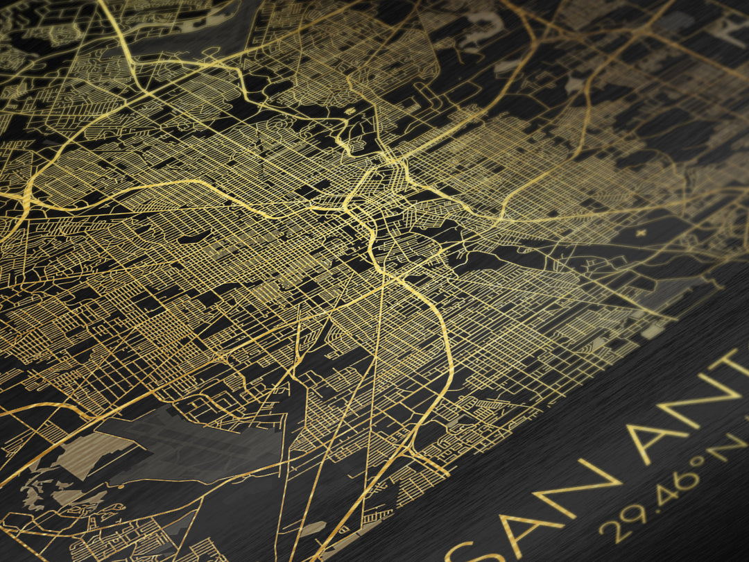 San Antonio Texas City street map, Metallic Gold Print, Metal Art, wood framed map, black and gold, Gold Street Map Art, Modern Wall Art