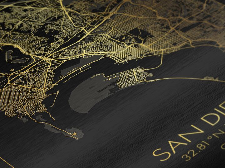 San Diego California City street map, Metallic Gold Print, Metal Art, wood framed map, black and gold, Map Art, Housewarming Gift