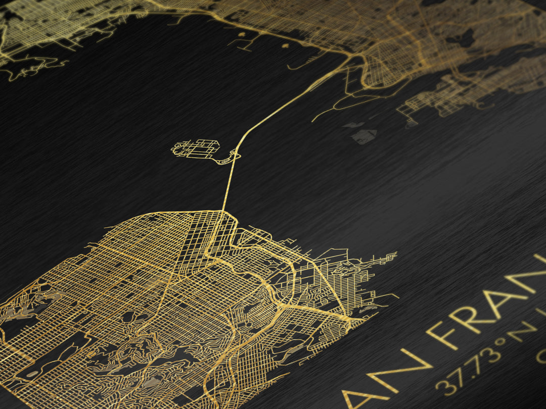 San Francisco California City Poster, Metallic Gold Art, Metal Art, real wood frames, black and gold, Gold Street Map Art, Best Friend Gifts