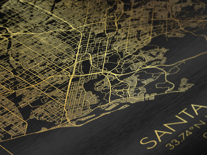 Santa Ana California City Poster, Metallic Gold Art, Metal Art, real wood frames, black and gold, Street Map Art, Modern House Art