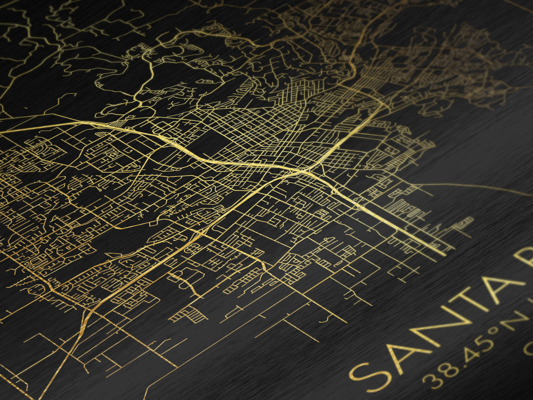 Santa Rosa California City Poster, Metallic Gold Art, Metal Art, real wood frames, black and gold, Map Art, Housewarming Gift