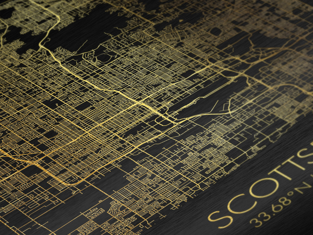 Scottsdale Arizona City street map, Metallic Gold Print, Metal Art, wood framed map, black and gold, Gold Street Map Art, Modern Wall Art