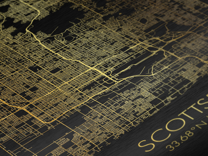 Scottsdale Arizona City street map, Metallic Gold Print, Metal Art, wood framed map, black and gold, Gold Street Map Art, Modern Wall Art