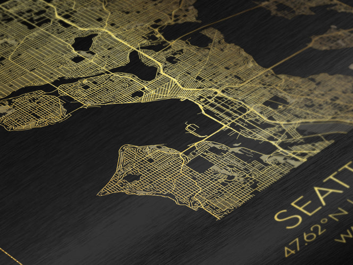 Seattle Washington City Poster, Metallic Gold Art, Metal Art, real wood frames, black and gold, Minimalist Wall Art, Map Print Poster