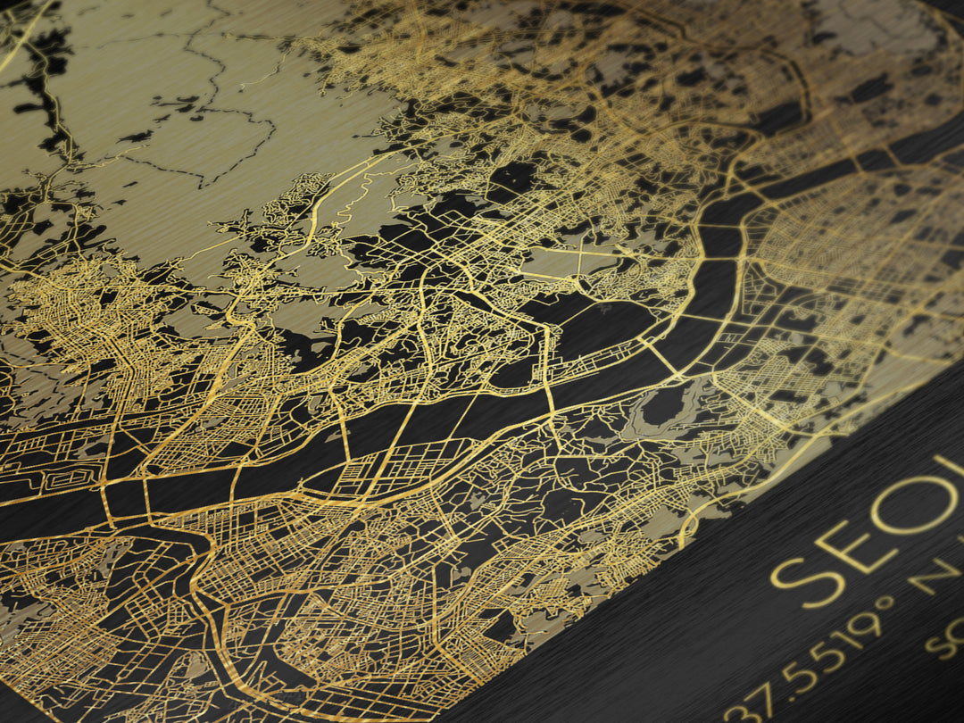 Seoul South Korea City street map, Metallic Gold Print, Metal Art, wood framed map, black and gold, Street Map Art, Office Decor