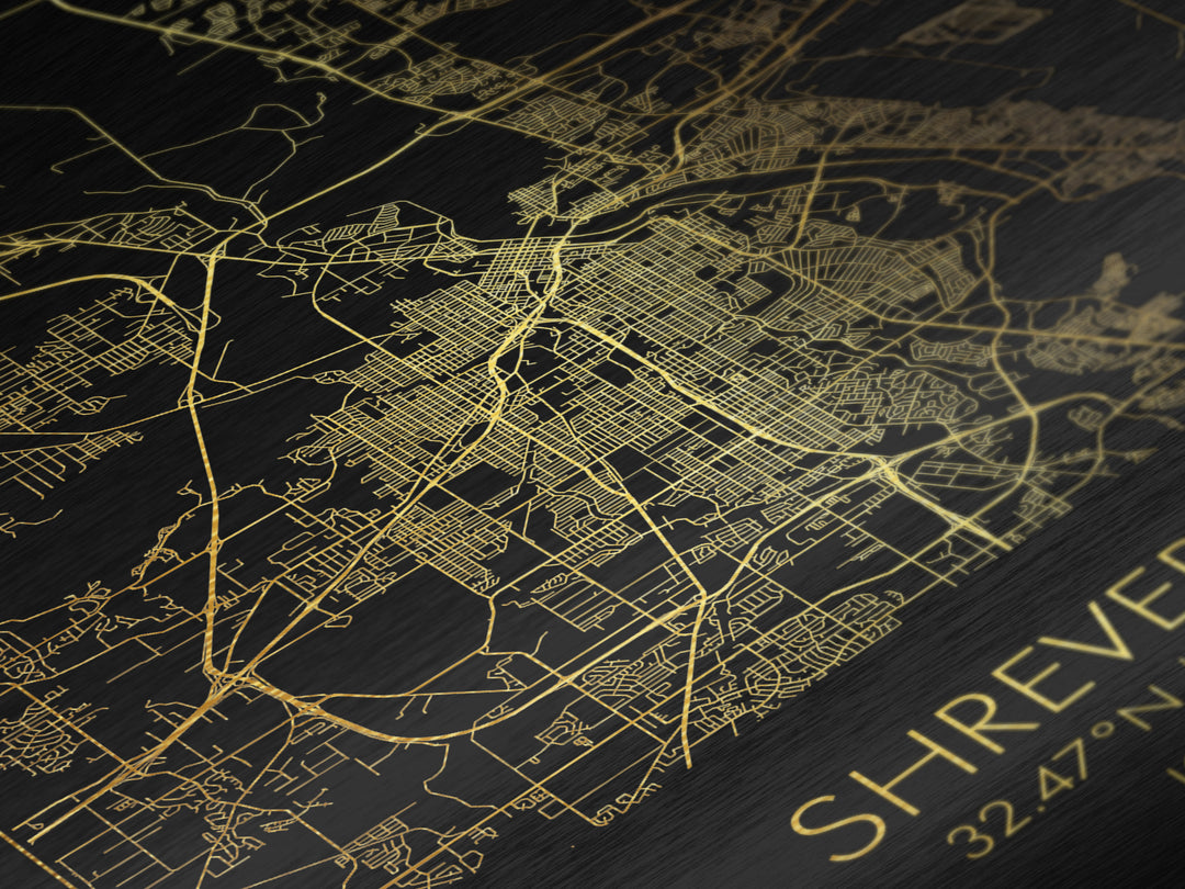 Shreveport Louisiana City Poster, Metallic Gold Art, Metal Art, real wood frames, black and gold, Map Art, Best Friend Gifts