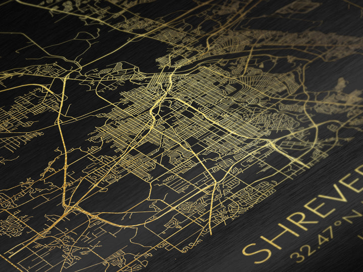 Shreveport Louisiana City Poster, Metallic Gold Art, Metal Art, real wood frames, black and gold, Map Art, Best Friend Gifts
