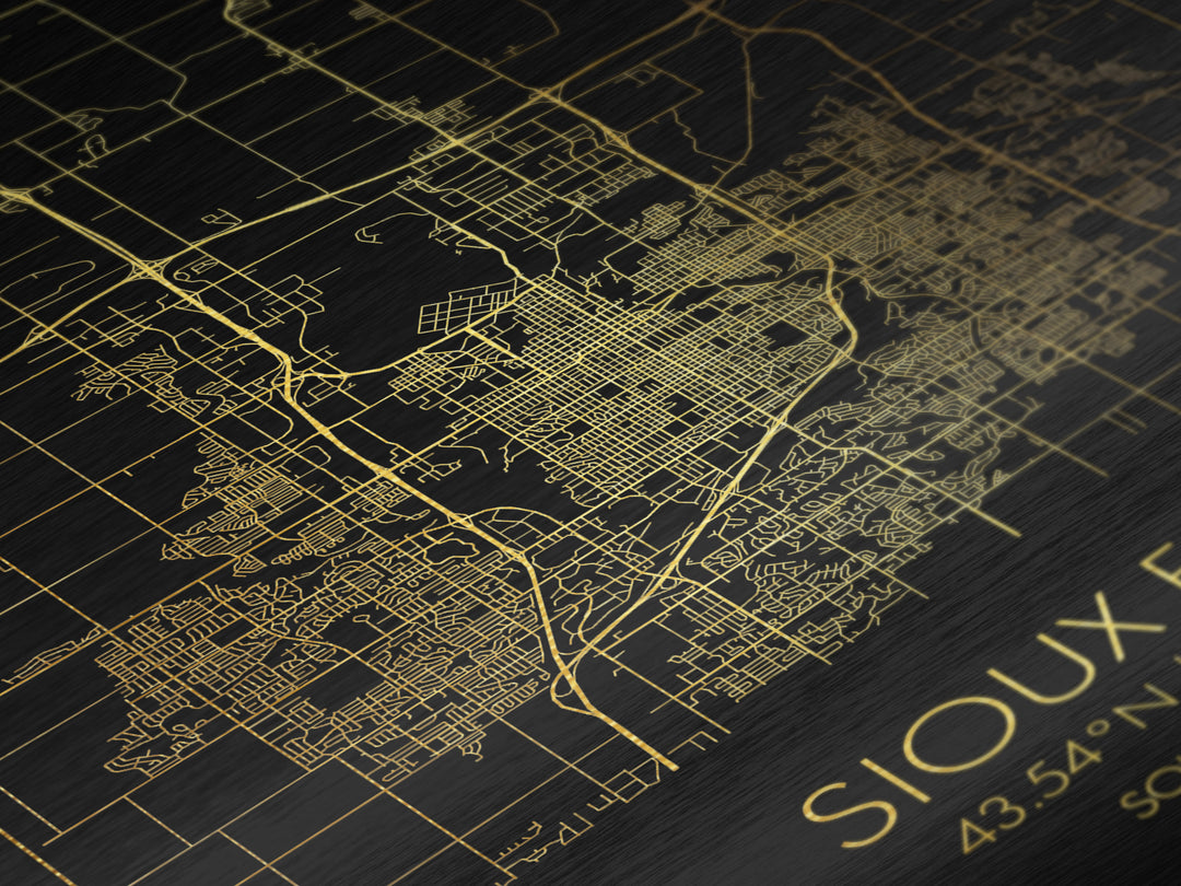 Sioux Falls South Dakota City Poster, Metallic Gold Art, Metal Art, real wood frames, black and gold, Street Map Wall Art, Closing Gift
