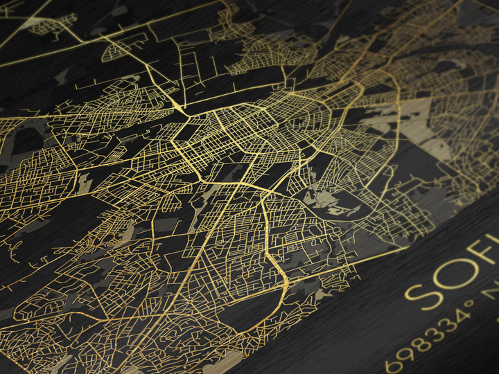 Sofia Bulgaria City street map, Metallic Gold Print, Metal Art, wood framed map, black and gold, Map Art, Housewarming Gift
