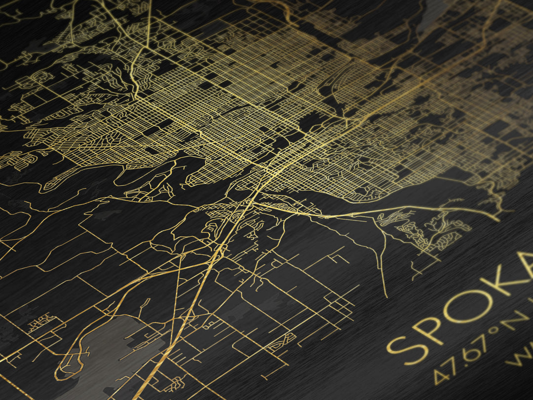 Spokane Washington City Poster, Metallic Gold Art, Metal Art, real wood frames, black and gold, Gold Street Map Art, Best Friend Gifts