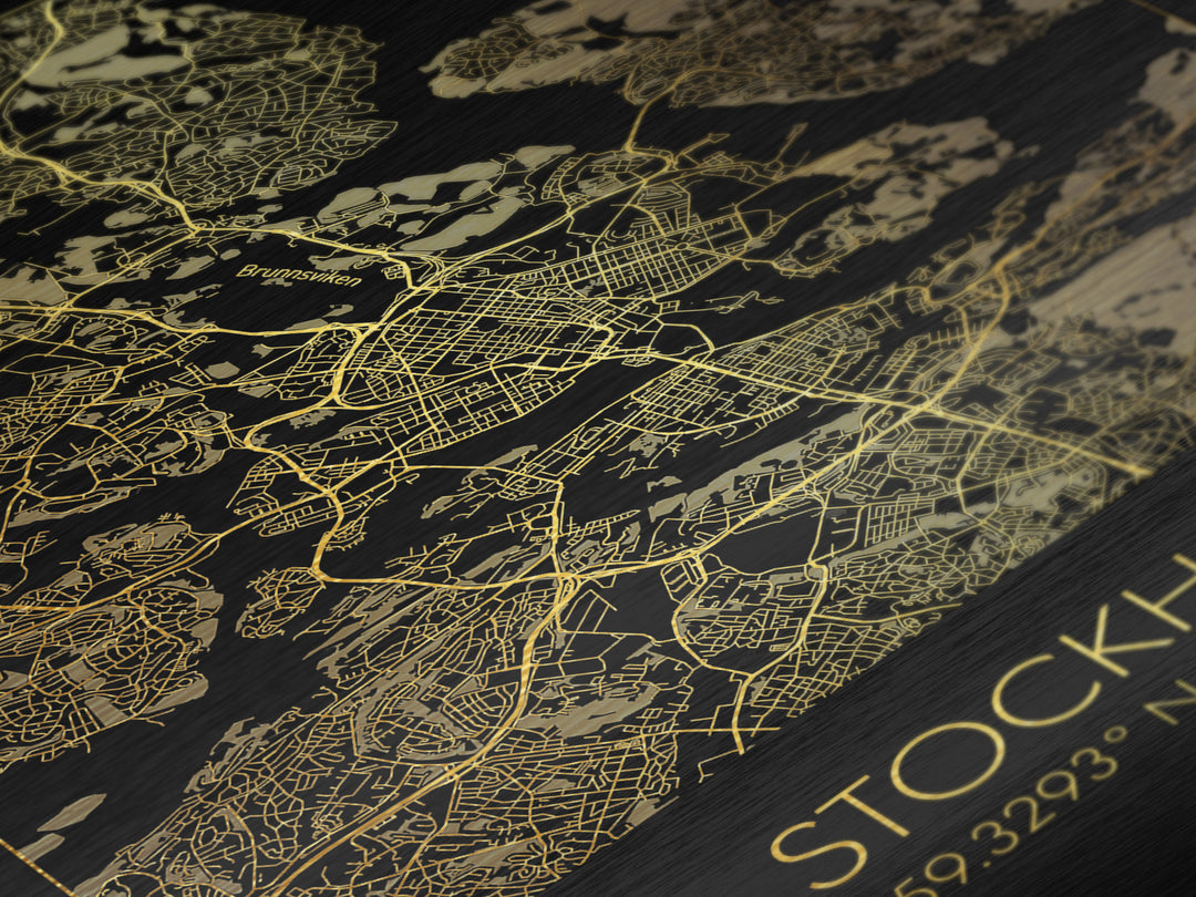 Stockholm Sweden City street map, Metallic Gold Print, Metal Art, wood framed map, black and gold, Gold Street Map Art, Modern Wall Art